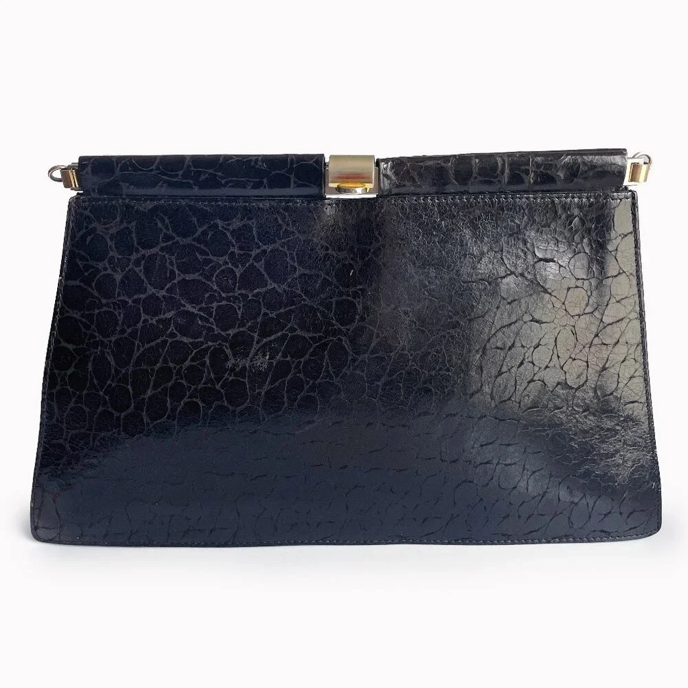 Furla Clutch Bag Black Croc Embossed  Leather Hinged Vintage 70s
